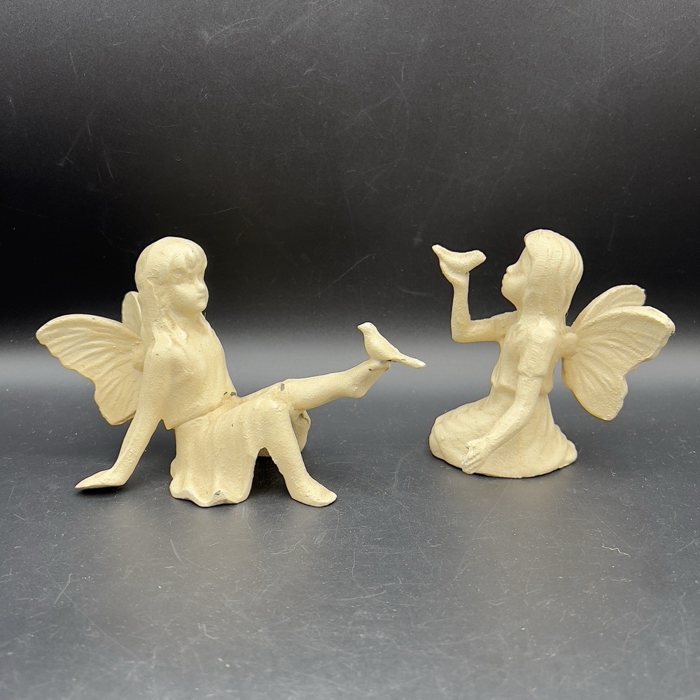 Vintage CAST IRON FAIRY WITH BIRD ON HAND & Playful Garden‎ Fairy Cream Rustic